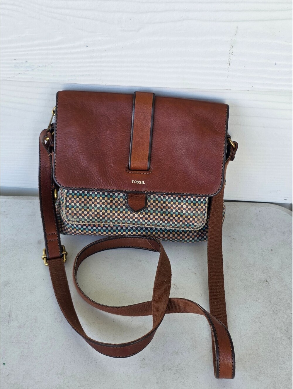 Fossil Brown Leather Canvas Crossbody Bag Multicolor Checkered Flap Key Boho